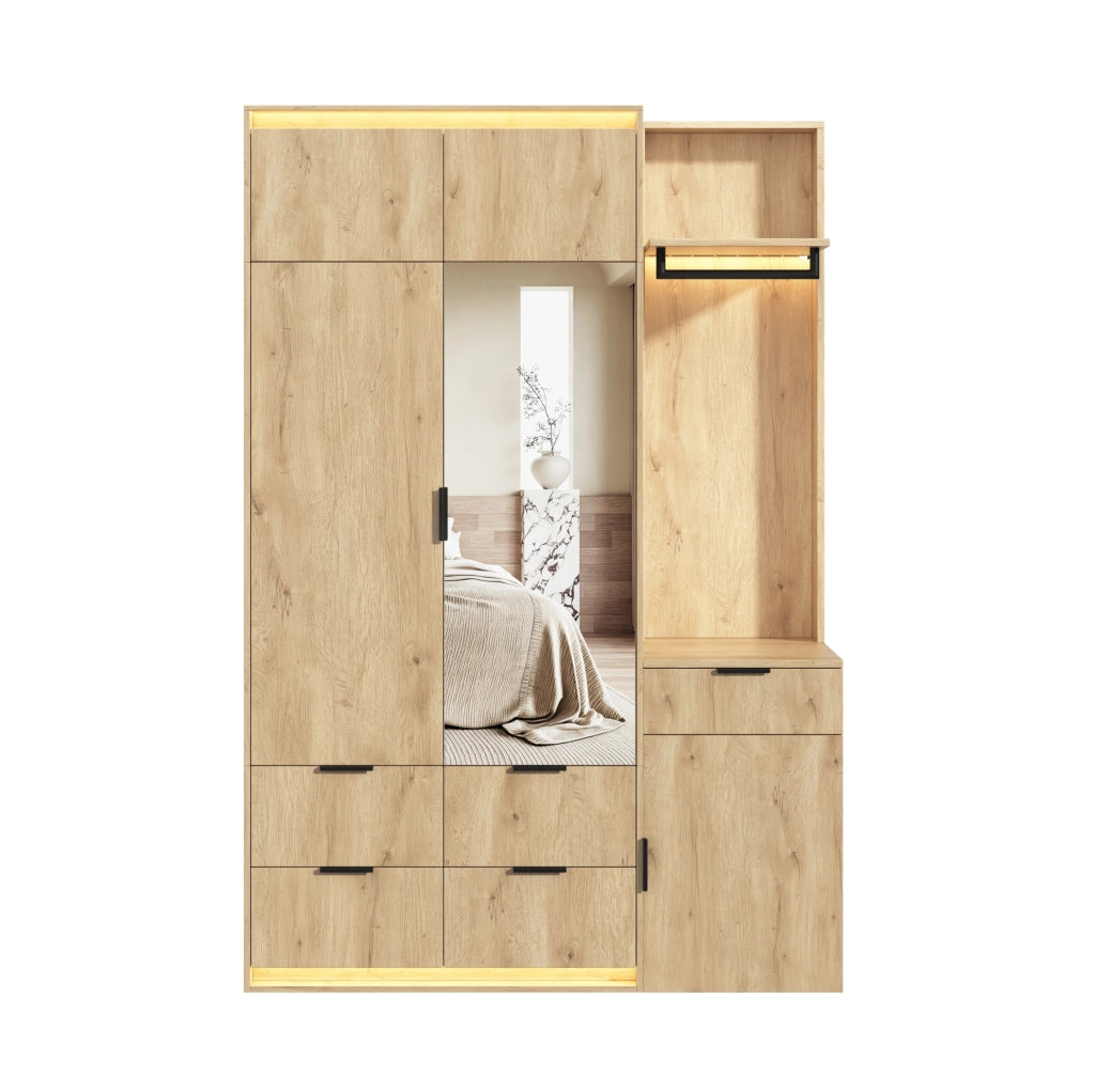 Set guardaroba con specchio; 5 cassetti e 3 strisce LED; 135 × 47 × 200 cm