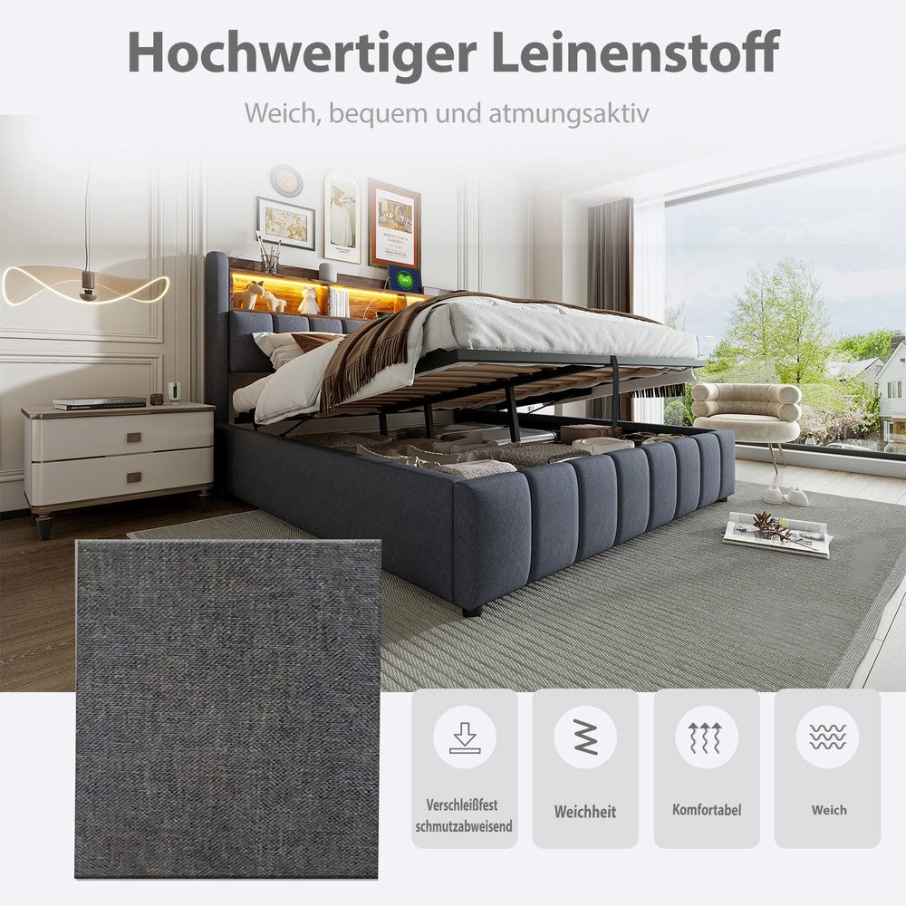 Letto Imbottito Matrimoniale con LED, USB, Contenitore Idraulico ¨C MINIMAL ¨C Tessuto Grigio 180x200