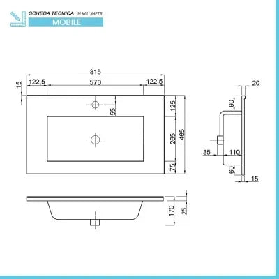 Mobile bagno sospeso 80 rovere grigio e bianco con lavabo e specchio  Eva