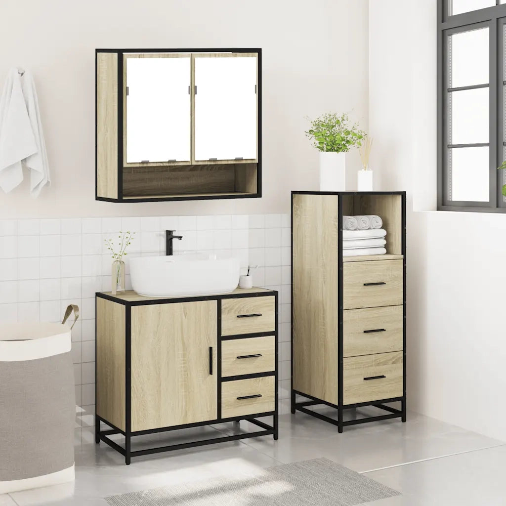 Set Mobili da Bagno 3 pz Rovere Sonoma in Legno Multistrato