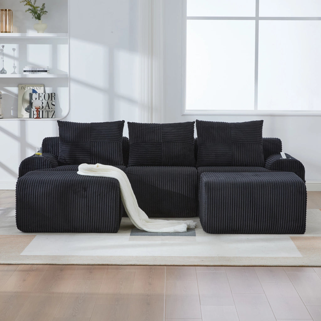 DIVANO Modulare a 3 posti in velluto a coste nero, 268x174x66 cm