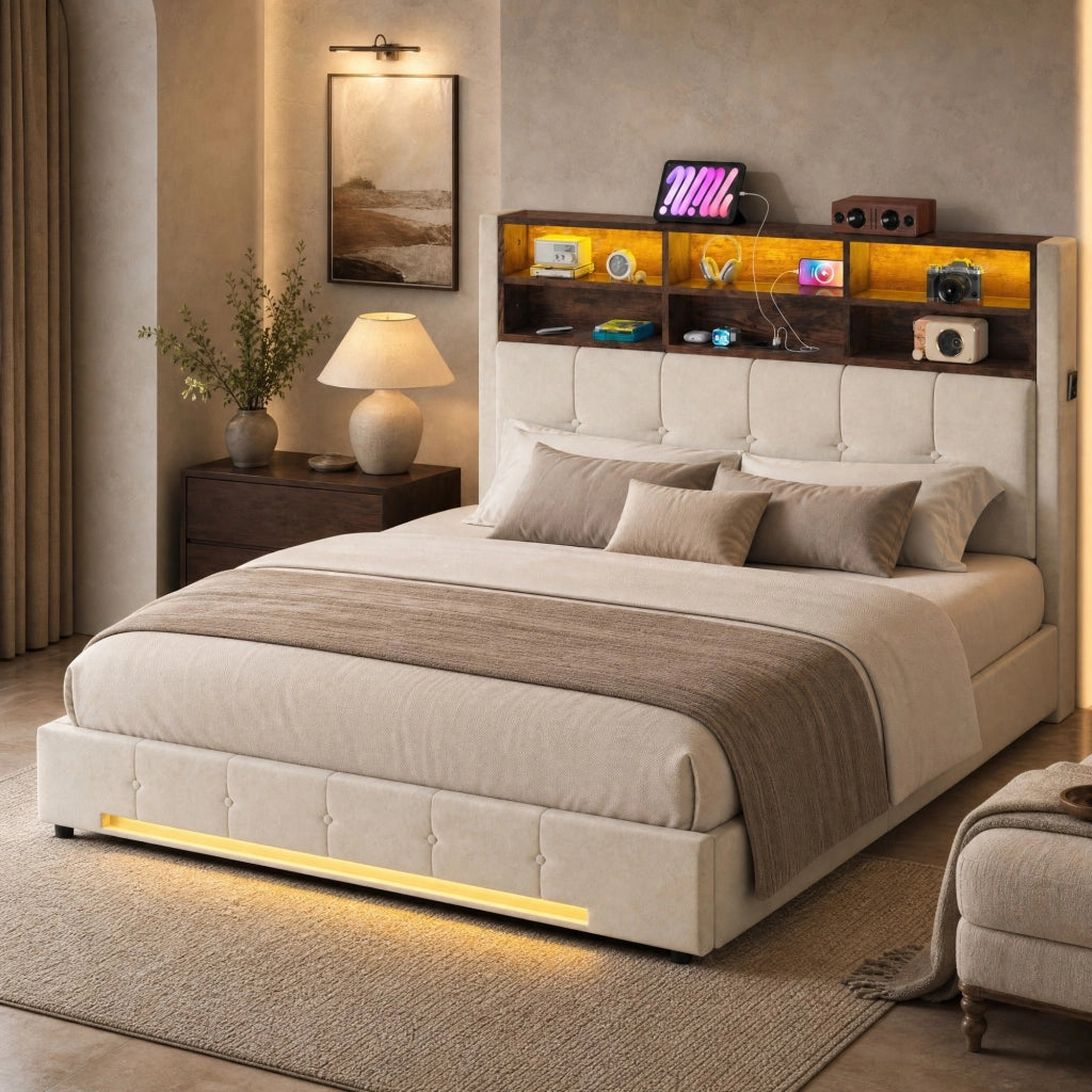 LETTO Contenitore 160x200 cm in velluto beige con LED e USB-C