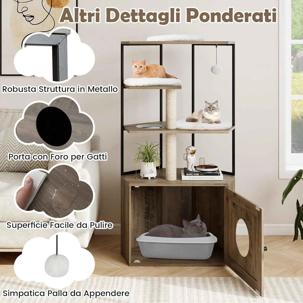Mobile per Lettiera per Gatti, Mobile Nascosto per Gattini con 2 Tiragraffi e 3 Tappetini, Foro per Gatto, Struttura in Metallo e Pallina Appesa, Albero per Gatti in Legno da Interno