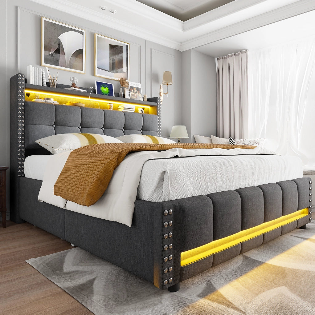 Letto matrimoniale imbottito 160x200 cm con LED, USB, contenitore e 4 cassetti