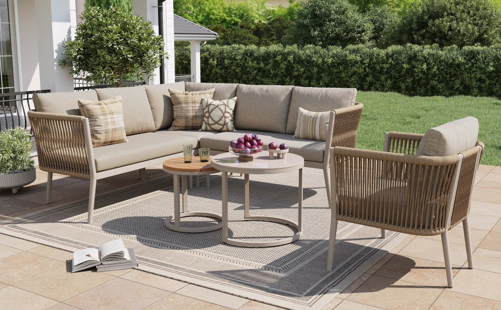 Set salotto giardino 5-6 persone 6 pezzi: corda sedute + Divanooo angolare modulare; cuscini; terrazzo/balcone; beige