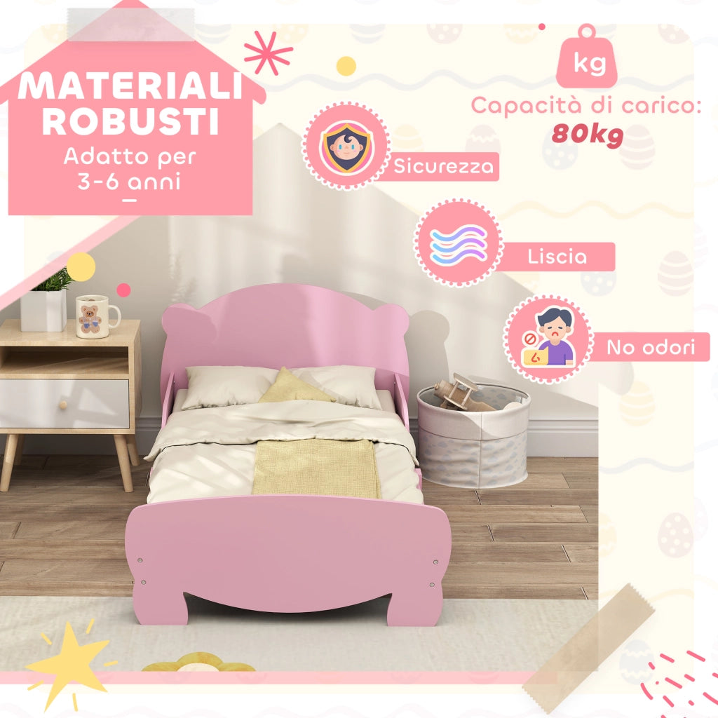 Letto Singolo per Bambini con Sponde Anti-Caduta ¨C zephmum ¨C Legno, Rete a Doghe, Orso, Rosa, 140x70 cm