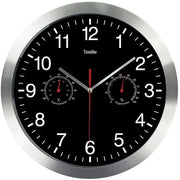 Orologio da parete sincronizzato con indicazione della temperatura e dell'umidità, con cornice in acciaio inox silenziosa, nera, 30 x 30 x 4 cm
