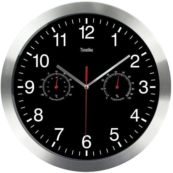 Orologio da parete sincronizzato con indicazione della temperatura e dell'umidità, con cornice in acciaio inox silenziosa, nera, 30 x 30 x 4 cm