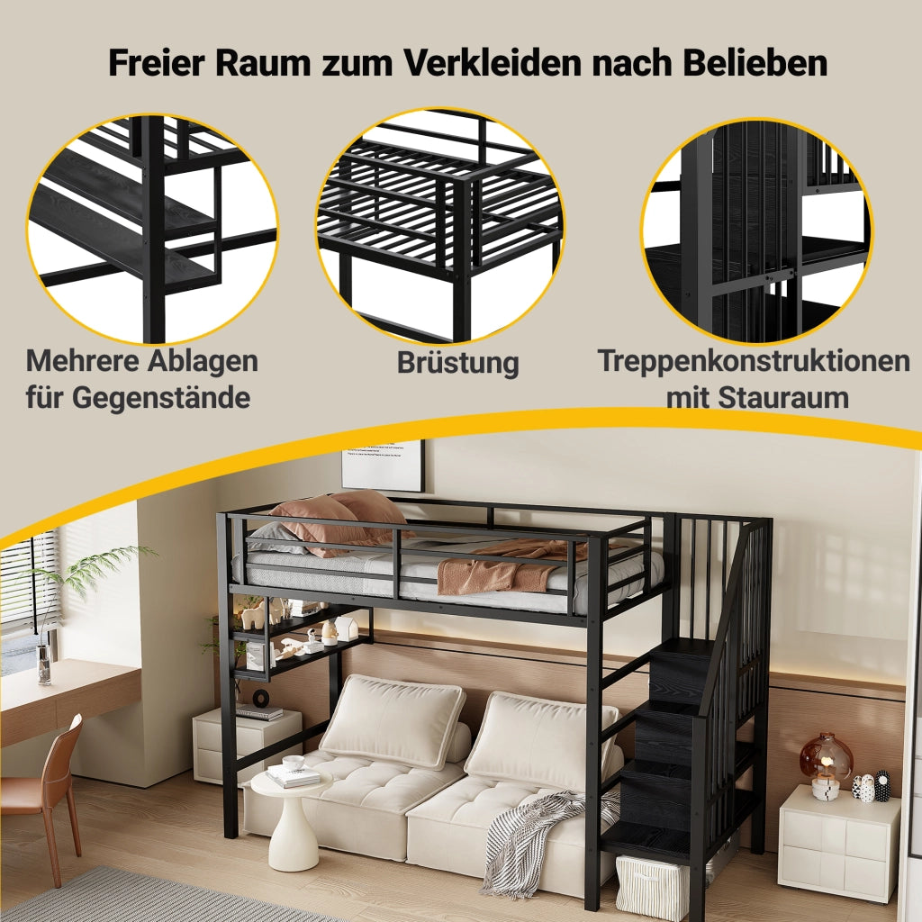Letto a castello nero in metallo con funzione contenitore 90x200 cm