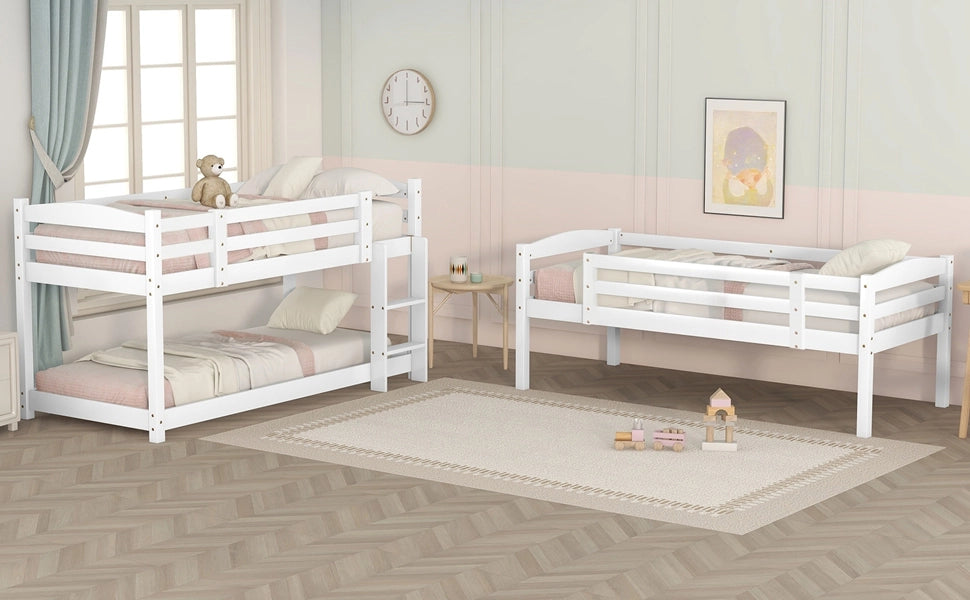 DESMIU Letto a castello 3 posti 90 × 200 cm con 2 scale, senza materasso, in pino, bianco