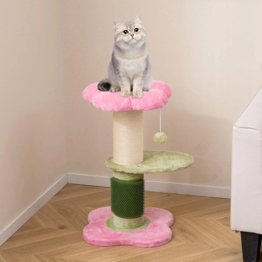 Albero per Gatti da Interno Alto 69 cm, Tiragraffi per Gatti a Forma di Fiore con Piedistallo Imbottito in Pile, Tiragraffi in Sisal e Pallina Appesa, Mobili per Gattini a Più Livelli (Rosa)