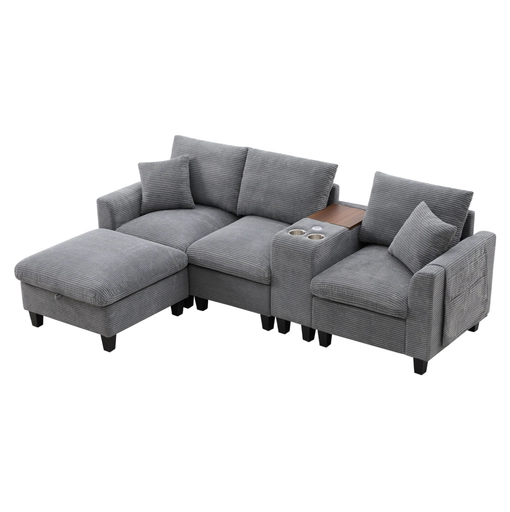 Divano angolare modulare 4 posti in velluto a coste grigio con pouf; console; USB e portabicchieri