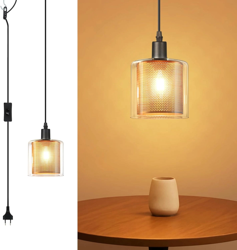 Lampada a sospensione ZMH vintage con 1 fiamma in vetro dorato spina E14 e interruttore cavo in metallo da 4,5m