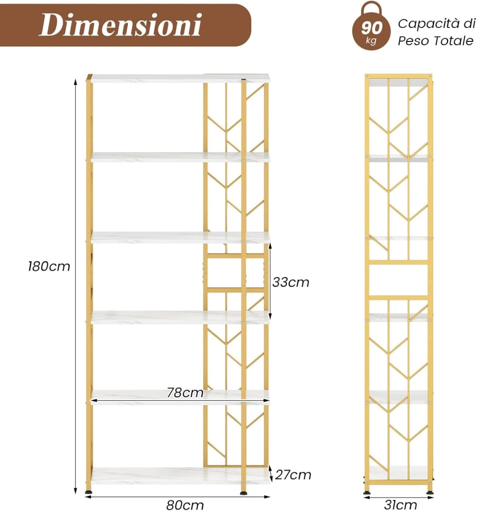 Libreria a 6 Ripiani, Libreria Geometrica Moderna con Telaio in Metallo, Scaffale da Terra con 2 Kit Antiribaltamento per Soggiorno Camera da Letto Studio, 80x31x180 cm (Bianco)