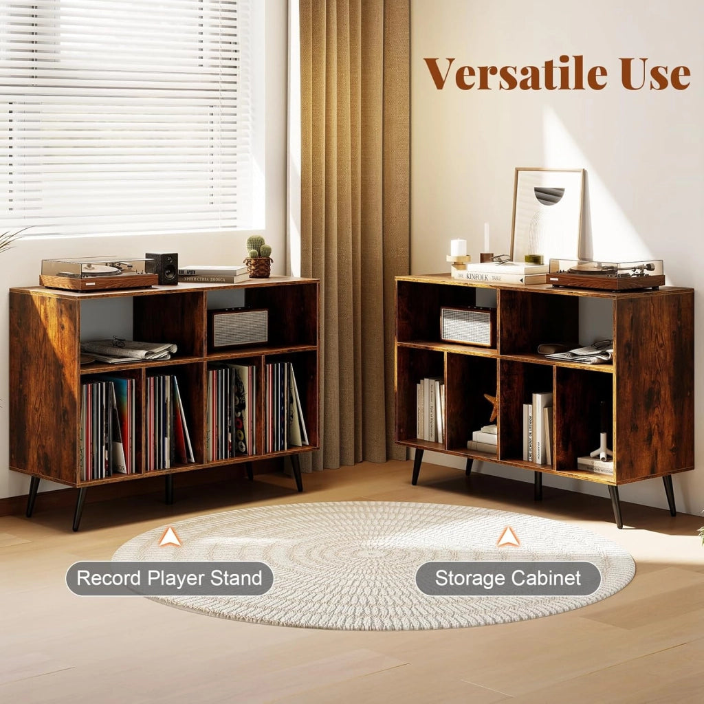 Supporto per giradischi in vinile, con ampio piano di lavoro, 6 scomparti, armadio a dischi in vinile, con kit anti-ribaltamento e piedini antiscivolo, per soggiorno, camera da letto (marrone)