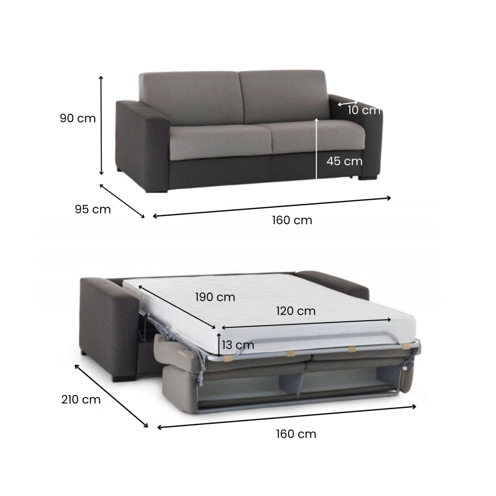 Divano Letto Alcatraz, Divano a 2 posti, Made in Italy, SofÒ  Soggiorno con apertura girevole, in tessuto imbottito, con Braccioli slim, cm 160x95h90, Grigio e Antracite