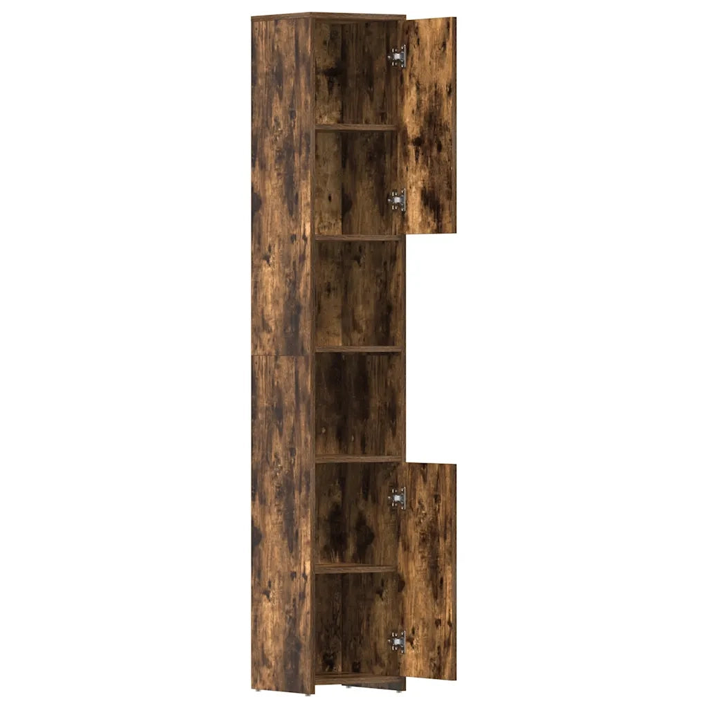 Elegante mobiletto da bagno in legno composito con ampio spazio contenitivo 30 x 30 x 183 cm finitura rovere affumicato 02_0048175