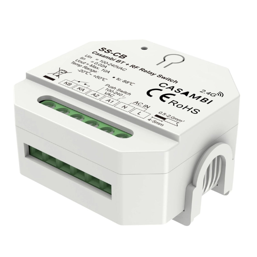 Interruttore Bluetooth Casambi, Relè Smart con Contatto Pulito 10A, RF 2.4GHz, Pulsante Esterno, per Luci LED Non Dimmerabili 220V, APP e Telecomando