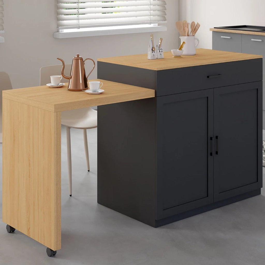 IDMarket - Isola centrale VITO 94-155 cm in legno nero con tavolo da pranzo integrato allungabile in finitura faggio