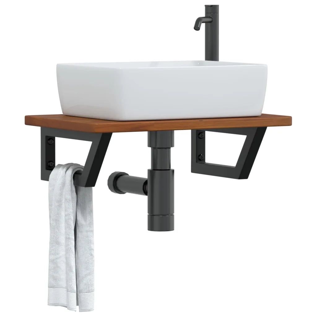 Ripiano a Parete per Lavabo-Mensole a Muro in Acciaio e Massello di Rovere 489457