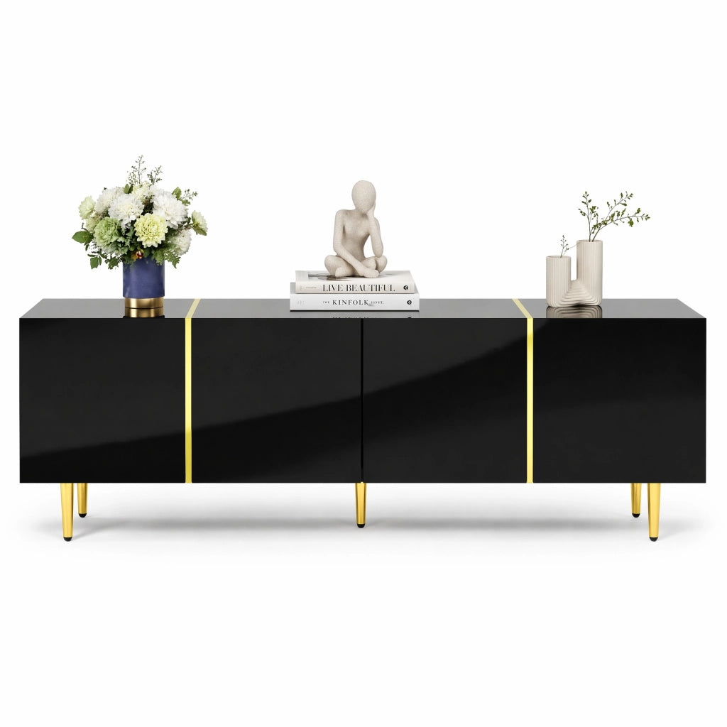 Mobile TV moderno in MDF nero lucido con 4 ante e dettagli oro; 170x35x46 cm