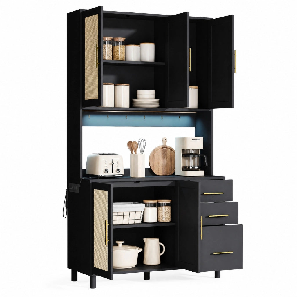 Buffet da cucina 183 cm con LED multicolore; prese USB e 2 prese; nero in MDF