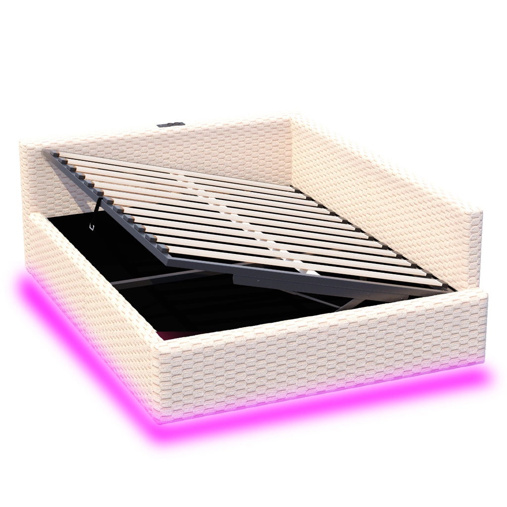 Letto Matrimoniale 140x200 cm; Contenitore; LED; USB e Tipo C; in Velluto; Beige