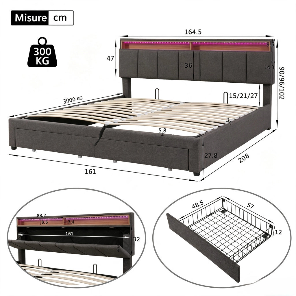 Letto matrimoniale contenitore 160x200 cm con testiera imbottita LED e porta USB cassetti e rete a doghe in lino-grigio