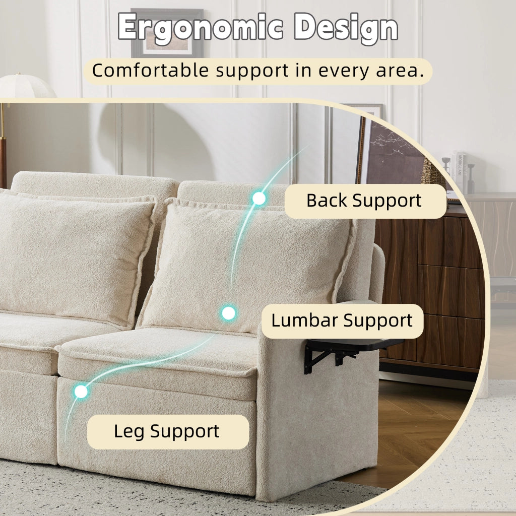 Divano letto con schienale a 5 posizioni, tasche laterali e porta USB/Type-C, in ciniglia beige