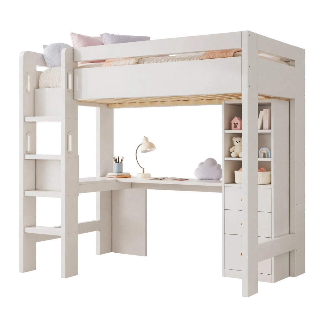 Letto a soppalco singolo 90x200 cm bianco con scrivania a L; mensole; cassetti e USB/Type-C