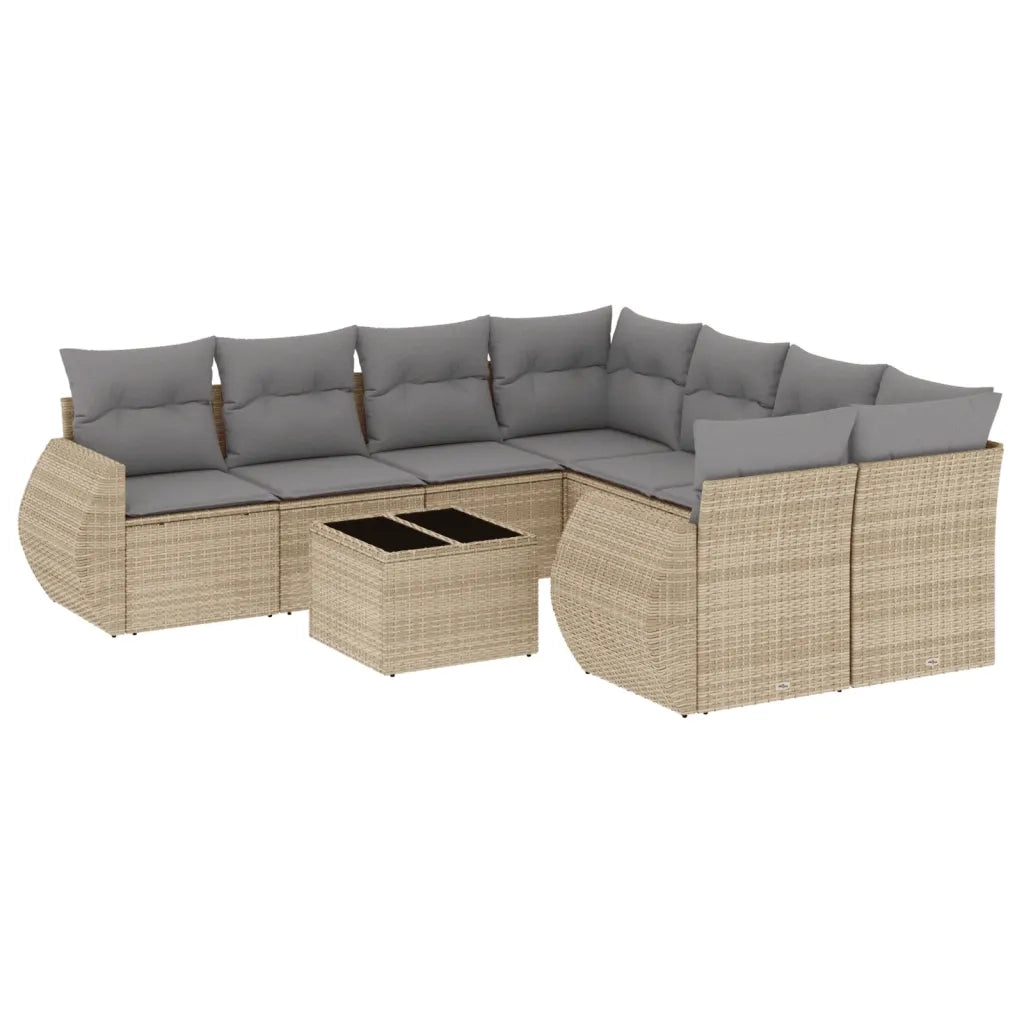 Set Divano da Giardino 9 pz con Cuscini Beige in Polyrattan