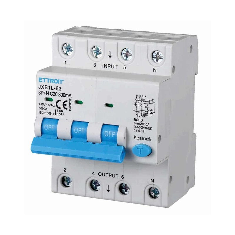 Interruttore Magnetotermico Differenziale 3P+N 20A 6KA 300mA 380V Occupa 4 Moduli DIN