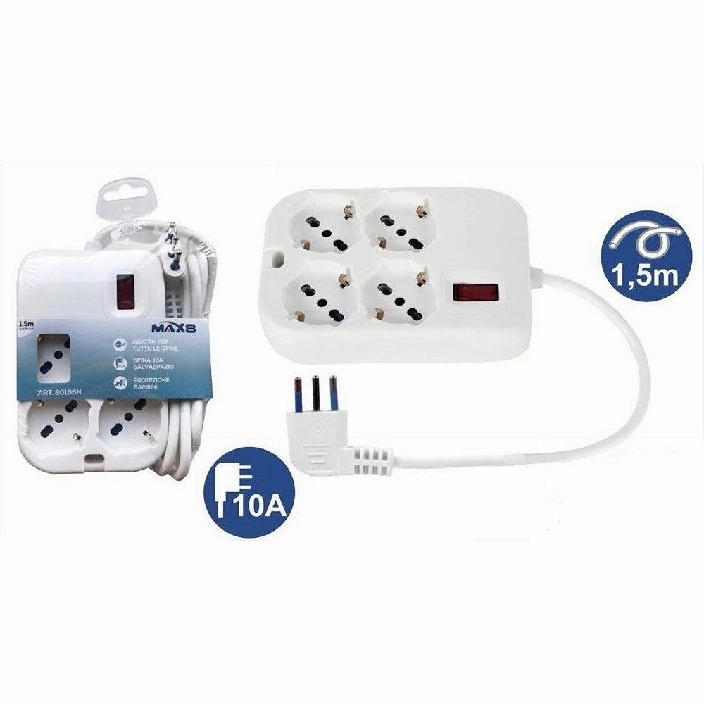 Trade Shop - Multipresa Ciabatta Quadrata 4 Uscite Universali Spina 10a Cavo 1.5mt Bianco 80186n -