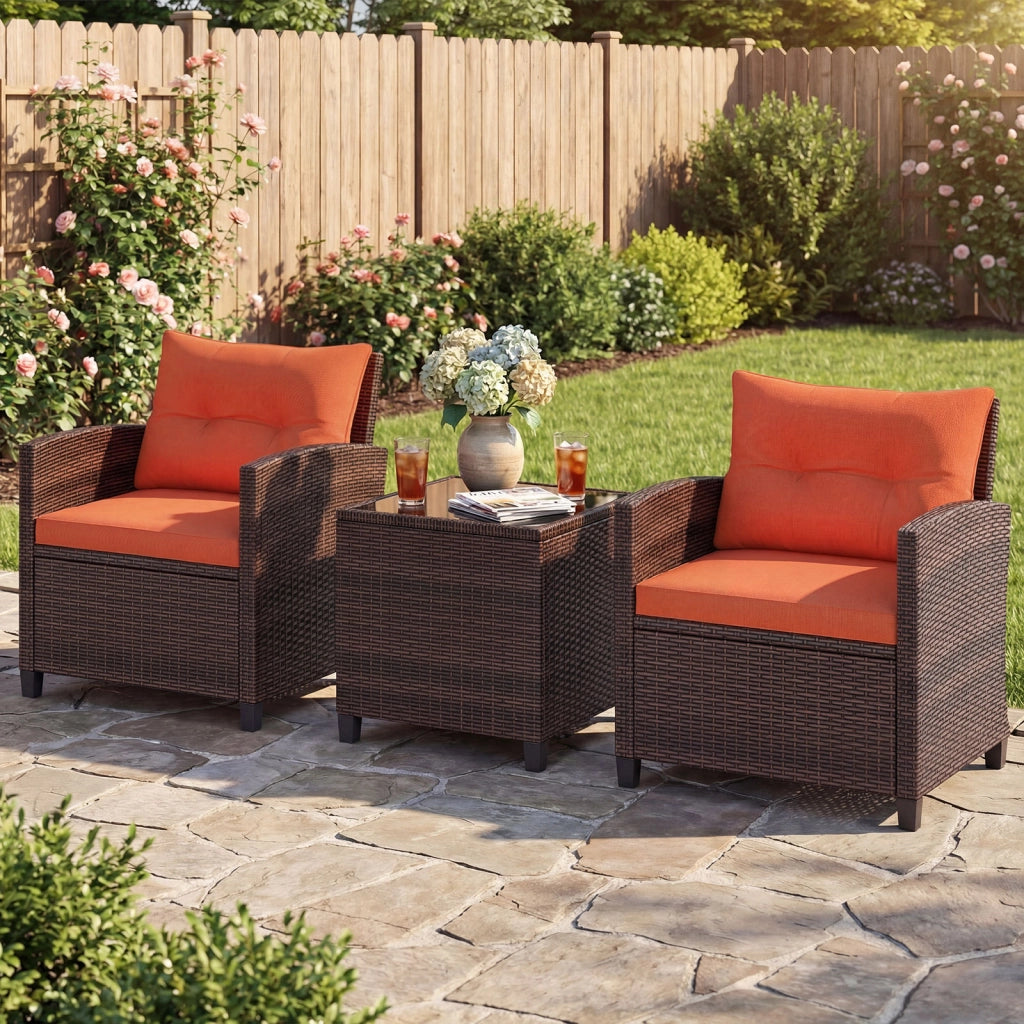 Set di 3 mobili da patio con 4 cuscini rimovibili, Set di 2 sedie e 1 tavolino in rattan con piano in vetro Arancione