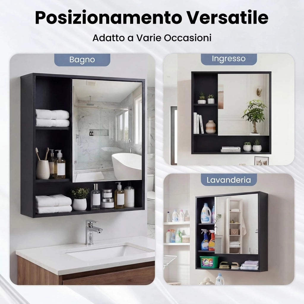 Mobile Bagno con Specchio, Specchio Bagno Contenitore con Porta Singola e 3 Ripiani Aperti, Mobiletto Salvaspazio in Legno per Lavanderia e Ingresso, 56 x 16 x 61 cm (Nero)
