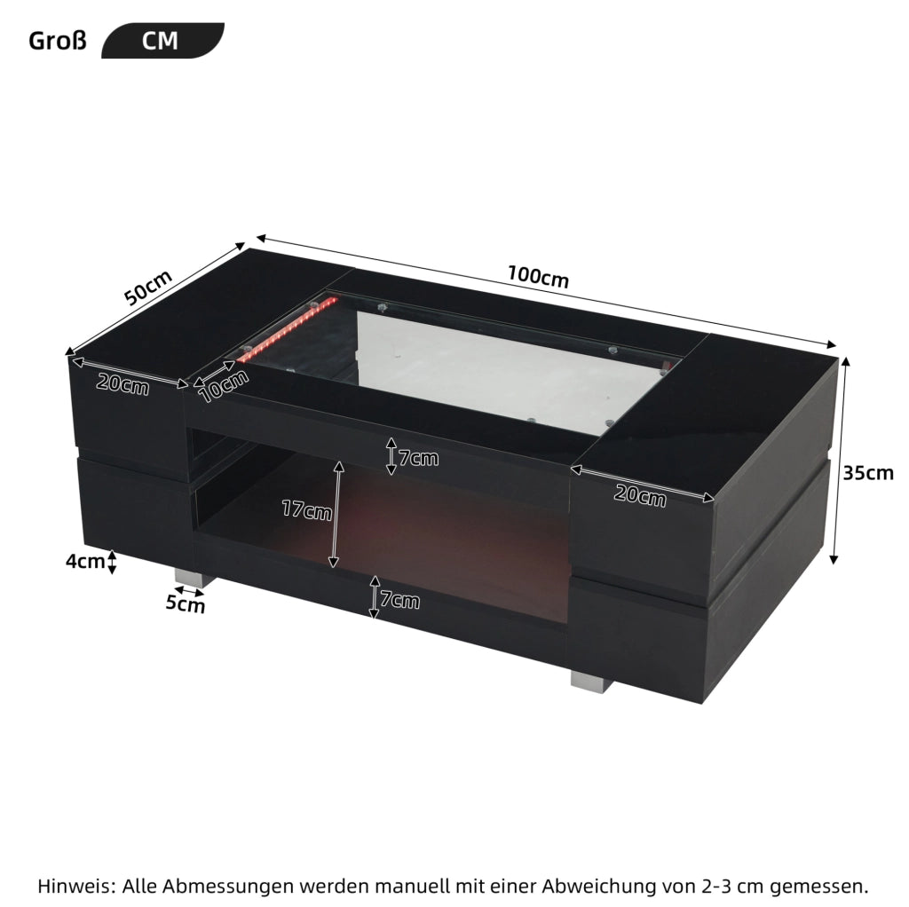Tavolino da salotto nero con luci LED e doppio piano