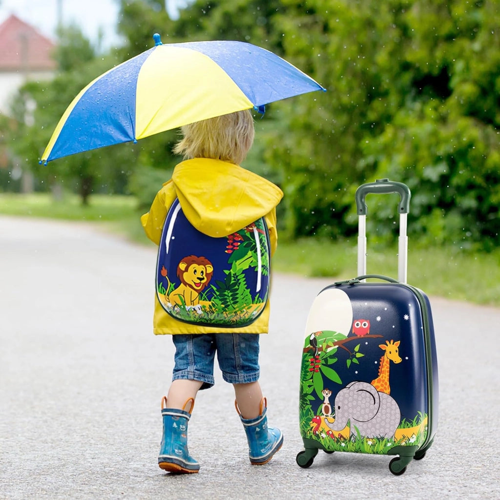 Set di Valigia 16’’ + Zaino 12’’ per Bambini 2 Pezzi, Bagagli 2-in-1 con Zainetto da Viaggio Aereo, Trolley con Maniglia Telescopica e 4 Ruote a 360° (Blu Jungla)