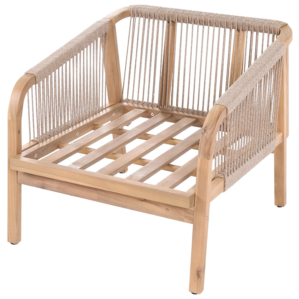 Poltrona da giardino con poggiapiedi in legno di acacia chiaro e cuscini beige chiaro, per interni ed esterni, design moderno