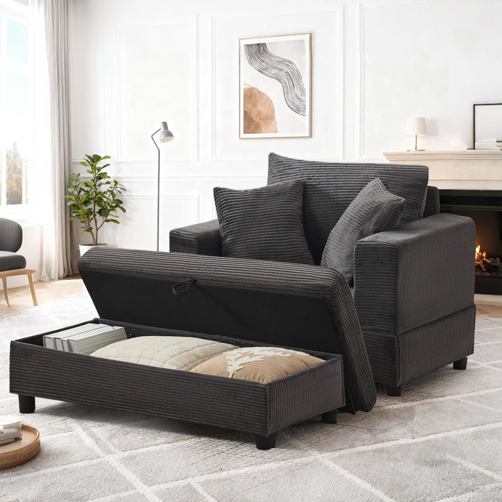 Chaise longue con contenitore e 3 cuscini per soggiorno e camera, in metallo e legno grigio, 107 × 74 × 57 cm