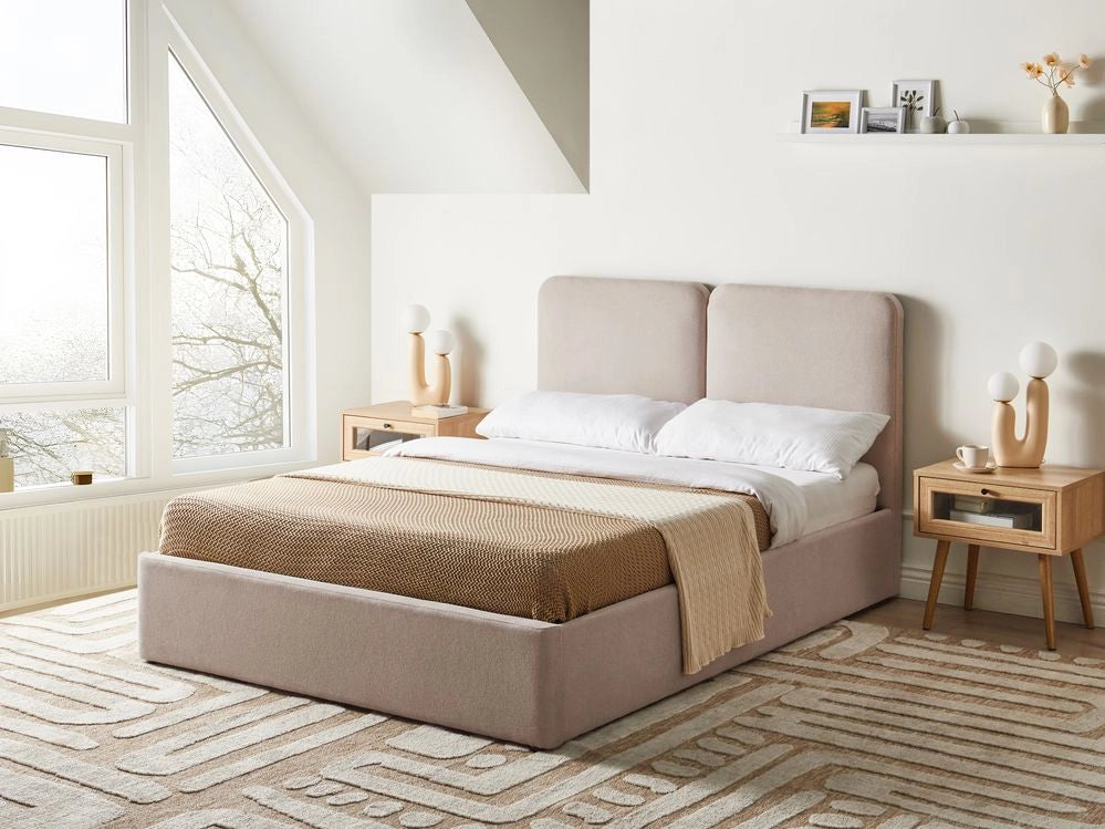 Letto ottomano color beige in tessuto 140 x 200 cm Testiera imbottita Rete a doghe sollevabile