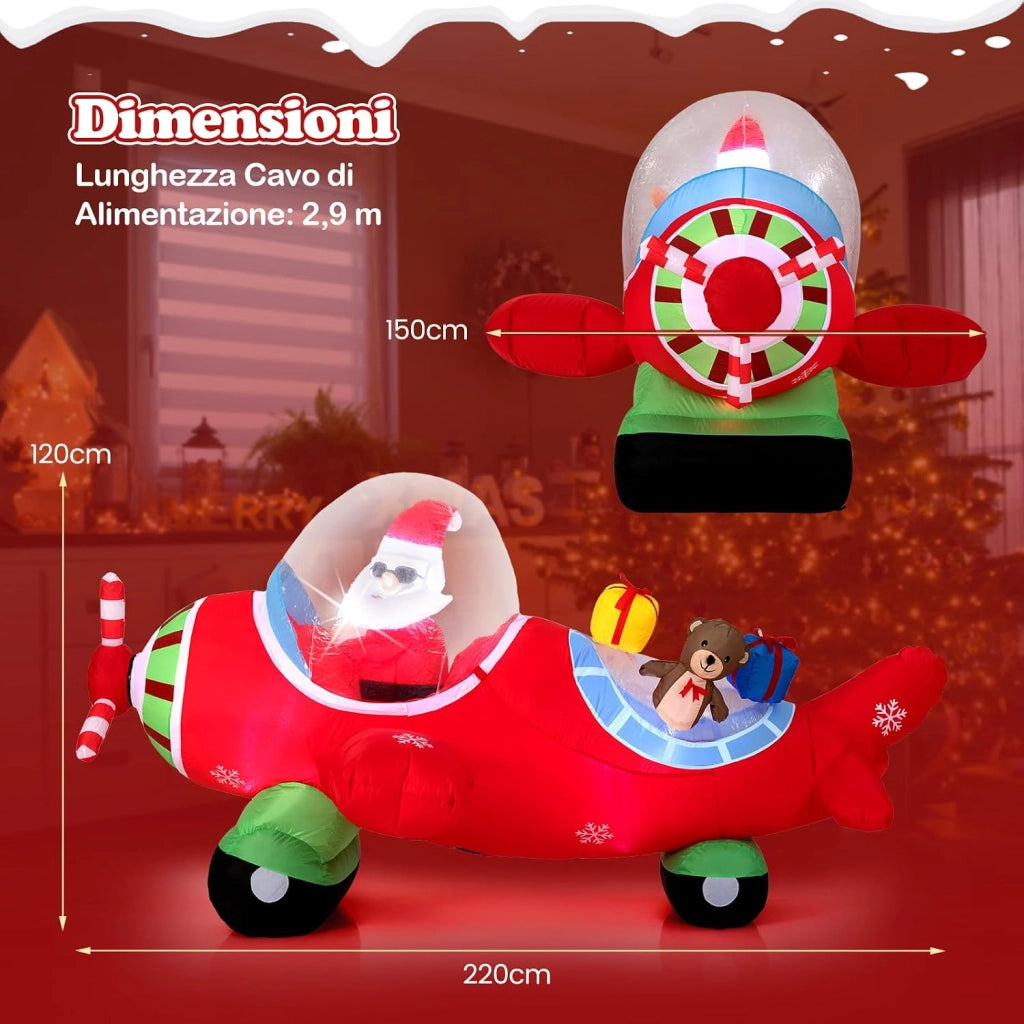 Babbo Natale Gonfiabile su Aereo 120 cm, Decorazione Natalizia da Esterno con Orsetto, Scatole Regalo e Luci LED, Decorazione Gonfiabile Invernale per Festa, per Giardino, Cortile e Casa