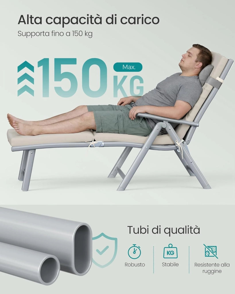 SONGMICS Lettino Prendisole, Pieghevole, Sedia a Sdraio con Materassino da 6 cm, Poggiatesta Rimovibile, Traspirante, Schienale Regolabile, Portata Fino a 150 kg, Beige Sabbia GCB024WZ02