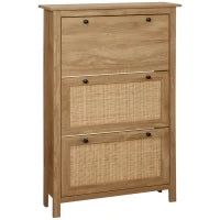 Mobile Scarpiera con 3 Ante Ribaltabili, Effetto Intreccio Rattan, in Legno, Legno Naturale