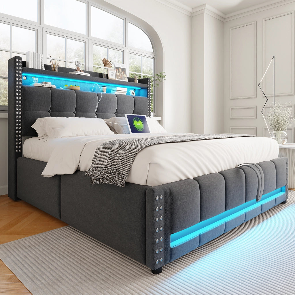 Letto Contenitore 140x200 cm; Letto Matrimoniale con LED; USB e vano contenitore