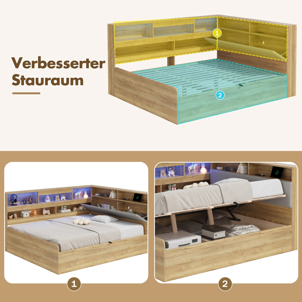 Letto per bambini 90 × 200 cm et 140 × 200 cm contenitore idraulico, LED, USB et USB-C, senza materasso, in MDF, naturale