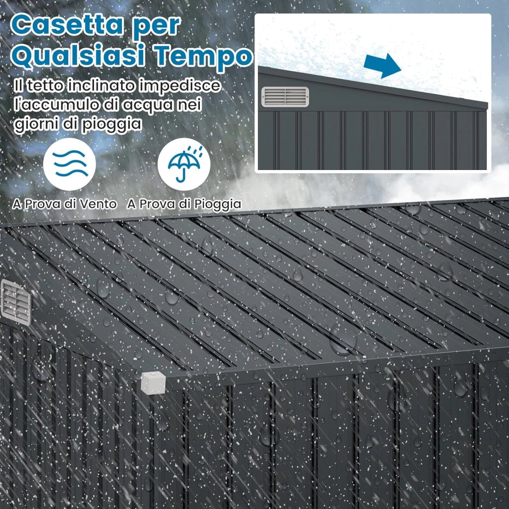 Capanni da Esterno, Casetta Porta Attrezzi da Giardino con 2 Porte, Design a Tetto Inclinato e Struttura in Metallo Galvanizzato, Armadietto per Attrezzi da Giardino