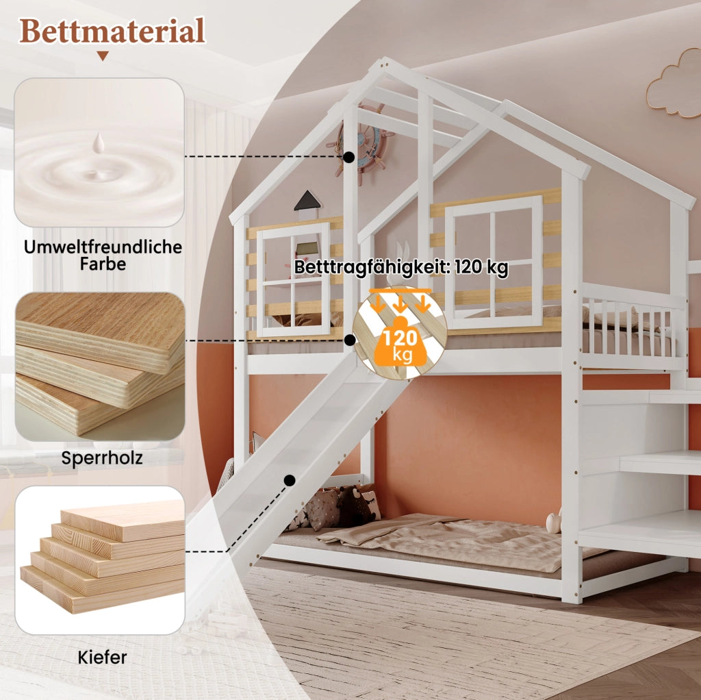 Letto a castello con scivolo, scala e finestra, bianco e naturale