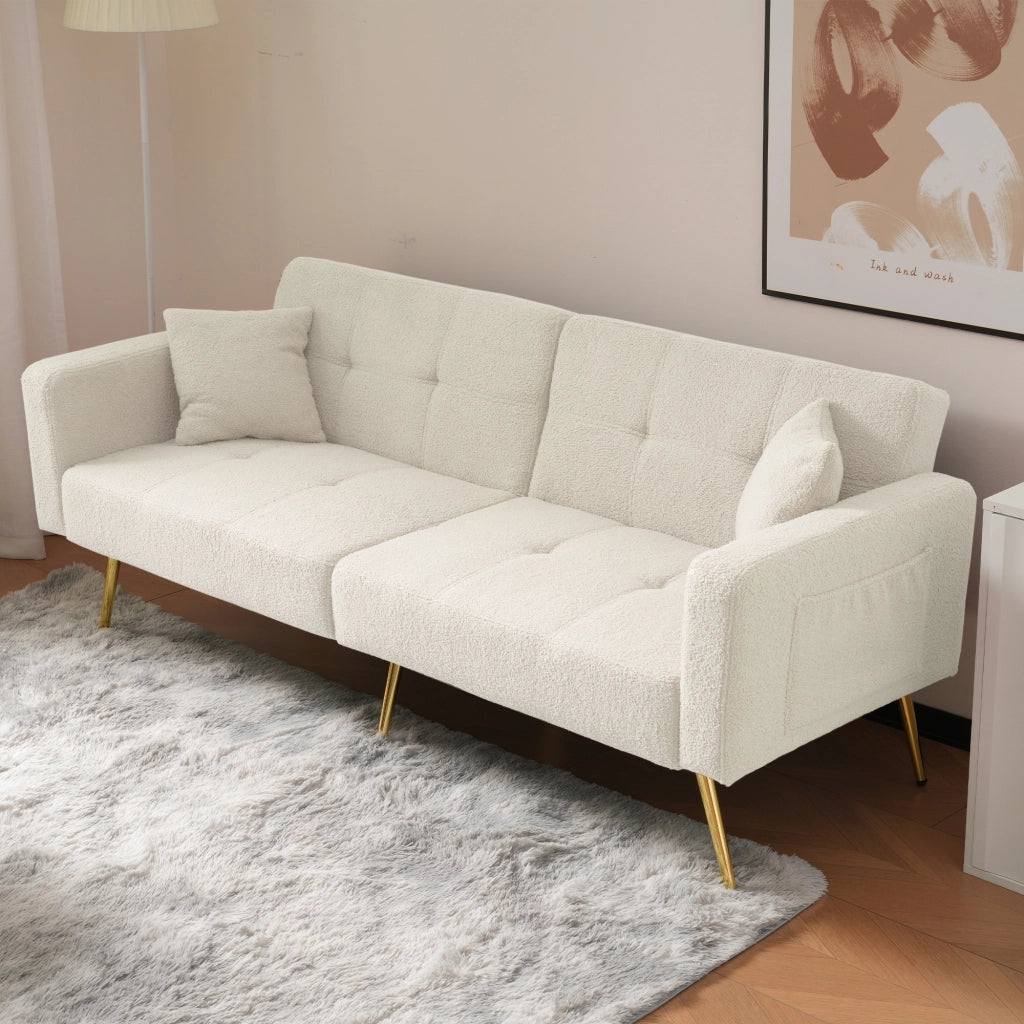 Divano Letto 2 Posti Schienale Regolabile 105-180° con Cuscini e Tasche Laterali Struttura in Legno in Tessuto Bianco