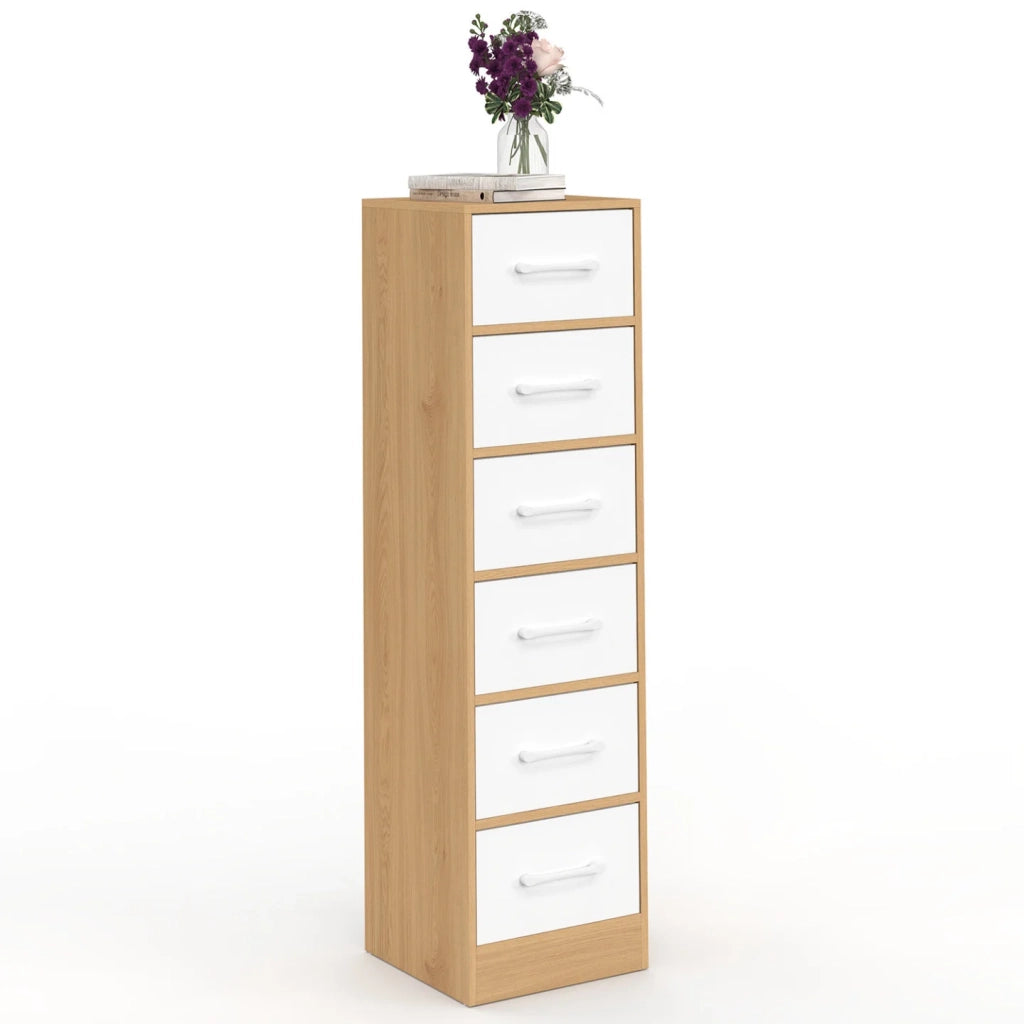 IDMarket - Mobile ausiliario a 6 cassetti UPPAH, cassettiera da 30 cm, mobile contenitore in legno effetto faggio e bianco
