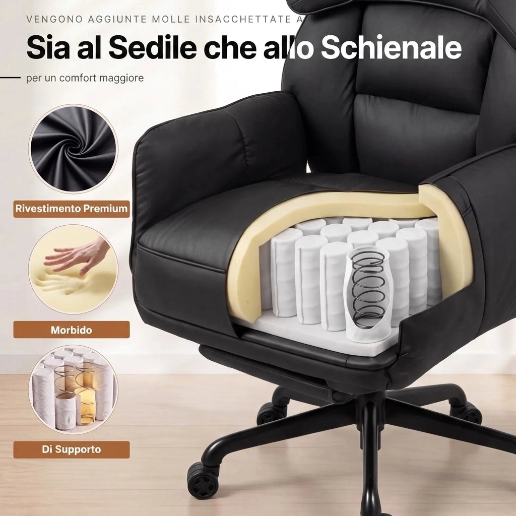 Sedia da ufficio ergonomica - Con corrimano e poggiapiedi - Con braccioli regolabili - Schienale regolabile - Nero